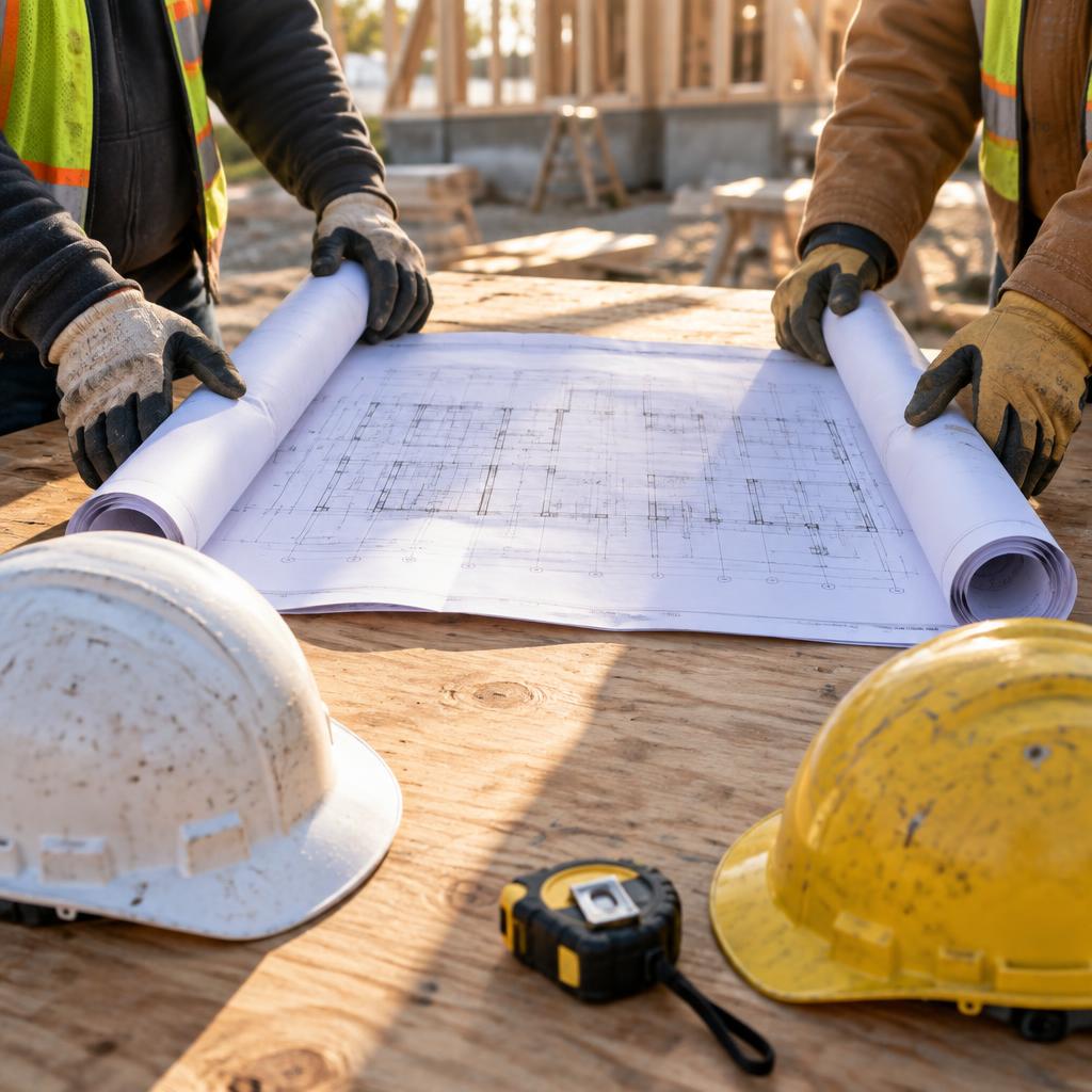 Rolled plans, a hard hat and a tape measure on a workbench